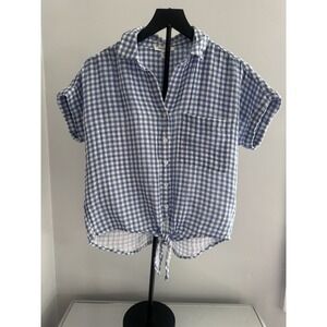 BeachLunchLounge Gingham Tie Front Gauze Button Shirt Blue‎ White XS Coastal
